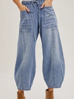 121. BLUIVY Denim Mid-Waist Drawstrings Barrel Jeans